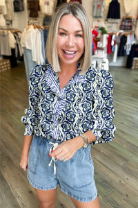Green Floral Print Frilled Striped Trim Button Down Smocked Cuffs Long Sleeve Shirt