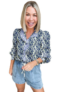Green Floral Print Frilled Striped Trim Button Down Smocked Cuffs Long Sleeve Shirt