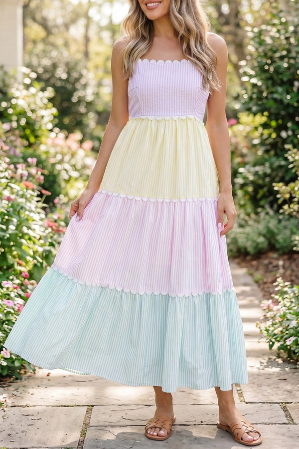 Women's Adjustable Straps Multicolored Striped Colorblock Maxi Dress with Scalloped Hem for Effortless Summer Style