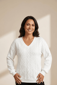 Women's Alabaster White Textured Cable-Knit V-Neck Top