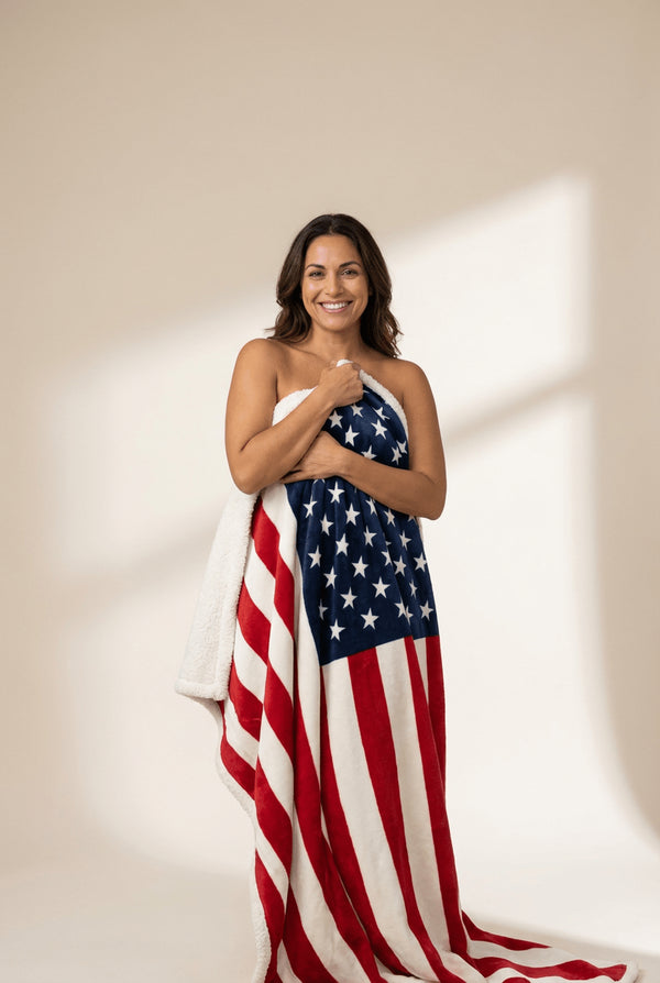 Women's American Flag Sherpa Throw Blanket in Navy and Fiery Red with practical styling and dependable silhouette control.