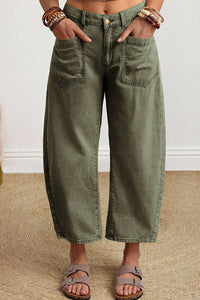 Four Leaf Clover Solid Color Square Patch Pocket Ankle-length Barrel Jeans