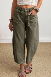 Four Leaf Clover Solid Color Square Patch Pocket Ankle-length Barrel Jeans