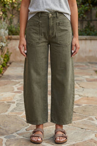 Women's Ankle-Length Barrel Jeans with Square Patch Pockets in Solid Color - Stylish & Comfortable Casual Wear