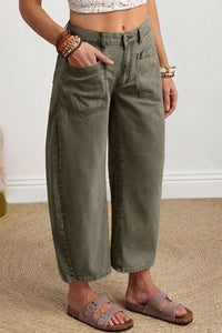 Four Leaf Clover Solid Color Square Patch Pocket Ankle-length Barrel Jeans