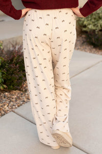 Apricot Bow Print Drawstring Elastic Waist Loose Corduroy Pants