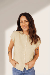 Women's Apricot Cap Sleeve Knit Sweater with Button Front