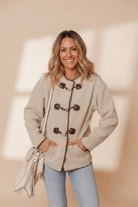Women's Apricot Faux Shearling Toggle Coat with Contrast Piping