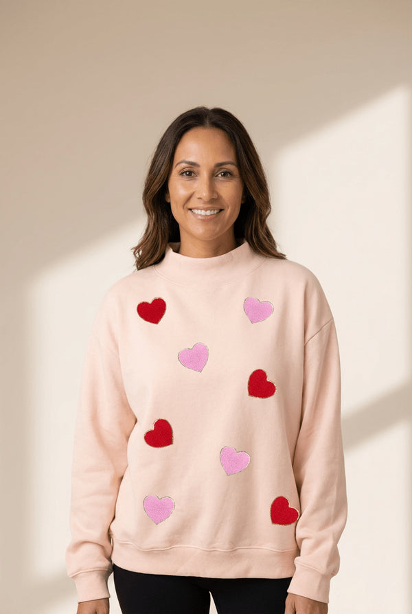 Women's Apricot Pink Chenille Mock Neck Heart Sweatshirt
