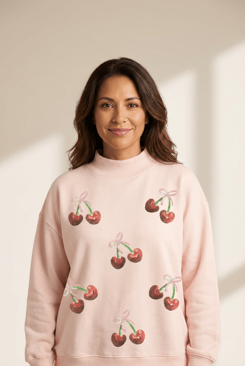 Women's Apricot Pink Sequin Cherry Bow Mock Neck Sweatshirt