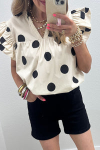 Women's Apricot Polka Dot V-Neck Ruffle Blouse - Casual Short Sleeve Top for Effortless Everyday Style