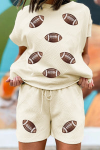 Apricot Quilted Texture Rugby Graphic Short Sleeve Drawstring 2pcs Short Set