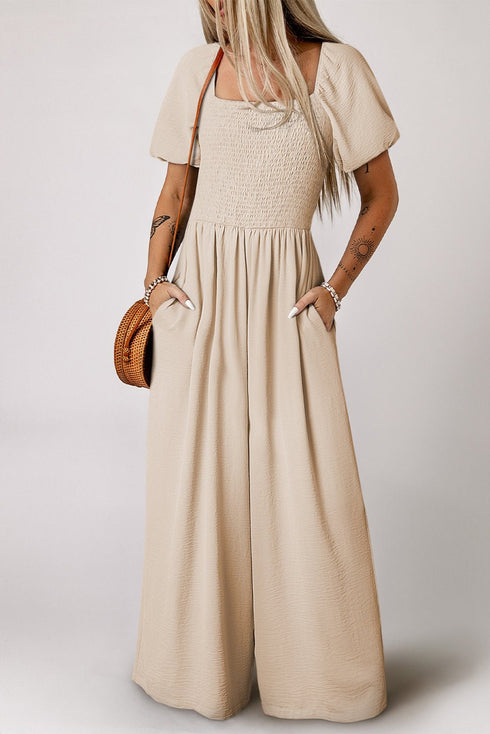 Women's Apricot Smocked Wide Leg Jumpsuit with Short Bubble Sleeves