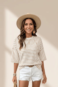 Women's Apricot Striped Knit Top with Half Sleeves