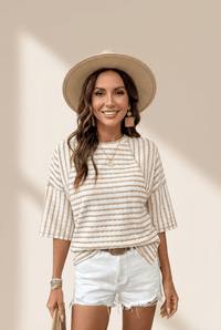 
Women's Apricot Striped Knit Top with Half Sleeves