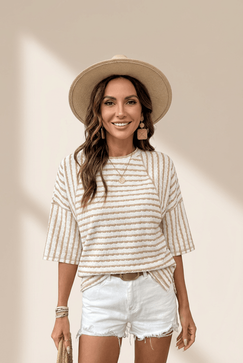 Women's Apricot Striped Knit Top with Half Sleeves