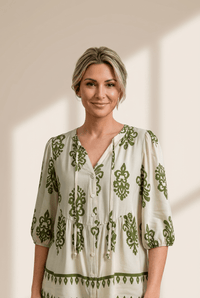 Women's Apricot Viscose Puff Sleeve Blouse with Olive Damask Print