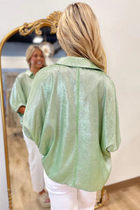 Clearly Aqua Collared V Neck Half Sleeve Metallic Top
