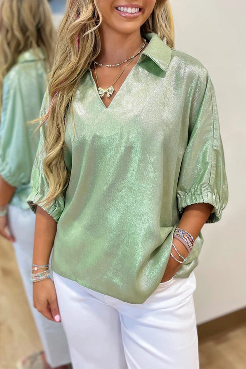 Women's Aqua Metallic V-Neck Top with Collared Half Sleeves - Chic, Shiny Blouse for Day-to-Night Elegance