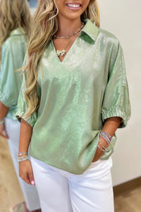 Women's Aqua Metallic V-Neck Top with Collared Half Sleeves - Chic, Shiny Blouse for Day-to-Night Elegance