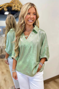 Clearly Aqua Collared V Neck Half Sleeve Metallic Top
