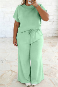 women's aqua ribbed short sleeve top and drawstring loose pants set - stylish 2-piece outfit for casual wear with practical styling and dependable