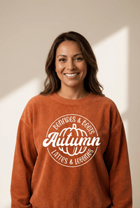 Women's Autumn Graphic Pumpkin Corduroy Sweatshirt in Rust Orange