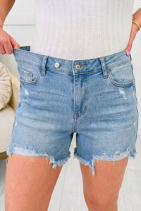 Women's Beau Blue Asymmetric Distressed Denim Shorts with Raw Hem - Trendy Whiskery Style for Summer Fashion