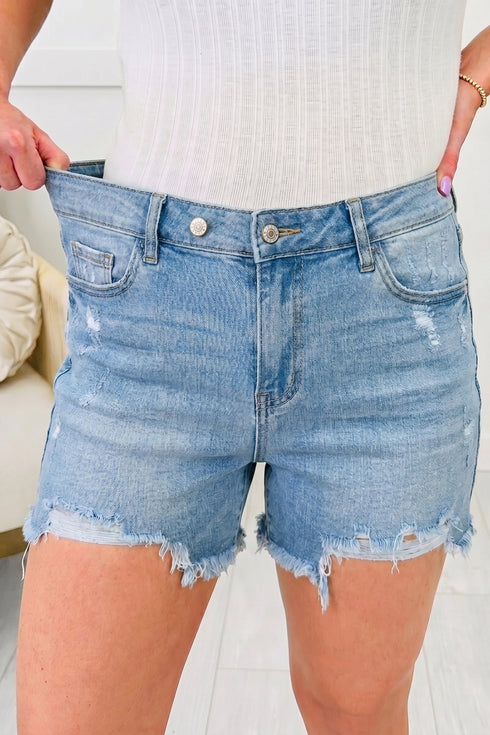 Beau Blue Asymmetric Raw Hem Distressed Whiskery Denim Shorts