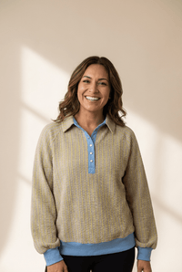 Women's Beau Blue Jacquard Henley Sweatshirt with Button Placket