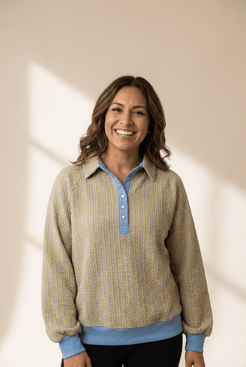 Women's Beau Blue Jacquard Henley Sweatshirt with Button Placket
