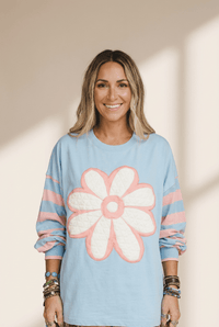 Women's Beau Blue Quilted Floral Patch Top with Striped Drop Sleeves