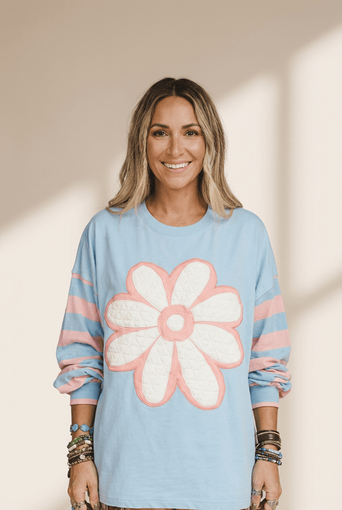 Women's Beau Blue Quilted Floral Patch Top with Striped Drop Sleeves