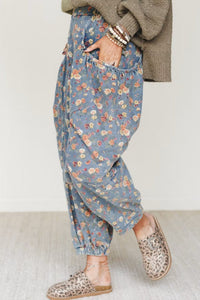 Beau Blue Retro Floral Print Elastic Waist Pocketed Barrel Jeans