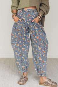 Beau Blue Retro Floral Print Elastic Waist Pocketed Barrel Jeans