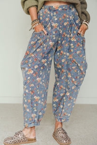 Beau Blue Retro Floral Print Elastic Waist Pocketed Barrel Jeans