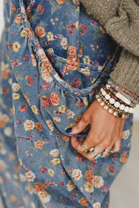 Beau Blue Retro Floral Print Elastic Waist Pocketed Barrel Jeans