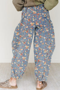 Beau Blue Retro Floral Print Elastic Waist Pocketed Barrel Jeans