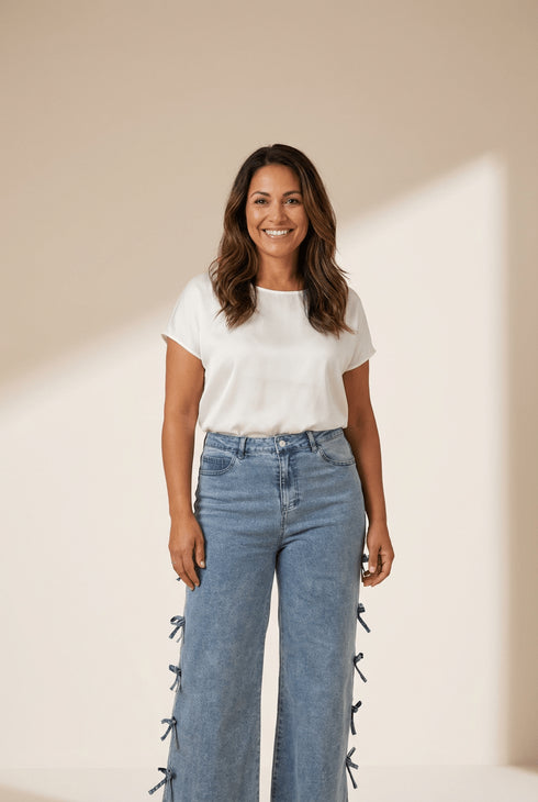 Women's Beau Blue Side-Bow Detail Wide Leg Jeans