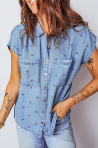 Women's Beau Blue Star Print Denim Shirt with Utility Pockets