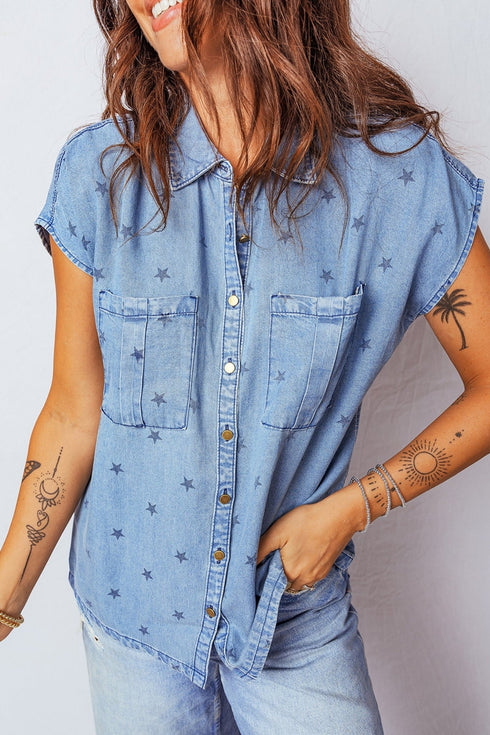 Women's Beau Blue Star Print Denim Shirt with Utility Pockets