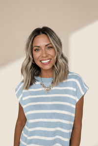 Women's Beau Blue Striped Short Sleeve Knit Sweater Tee