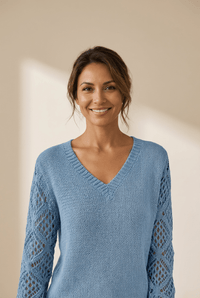 
Women's Beau Blue V-Neck Pointelle Knit Sweater with Contrast Sleeves