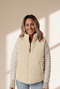 Women's Beige Corduroy Stand Neck Puffer Vest with Zipper