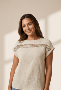 Women's Beige Cotton Gauze Blouse with Crochet Lace Inserts
