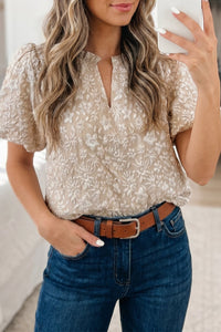 
Women's Beige Floral Jacquard Blouse with Puff Sleeves - Chic Textured Top for Casual and Elegant Outfits