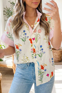 Women's Beige Floral Striped Ruffled Collar Short Sleeve Shirt - Effortlessly Chic Patchwork Top for Summer Style