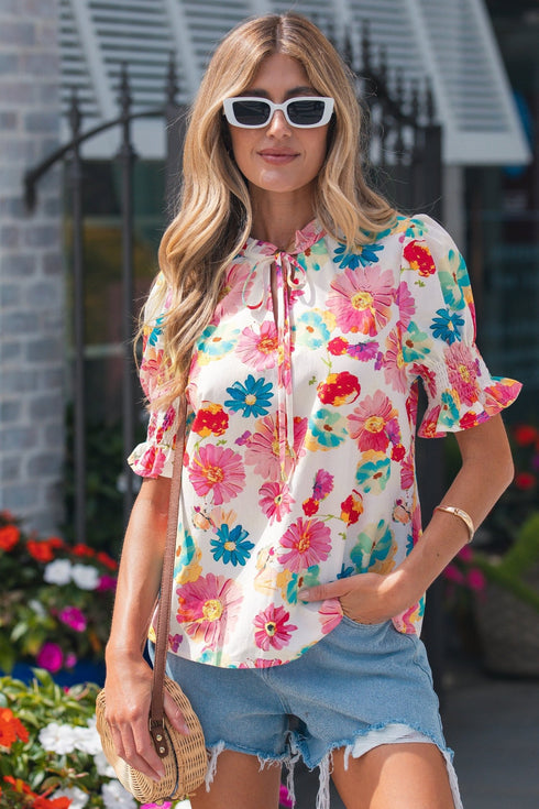 Women's Beige Floral Tie V-Neck Blouse - Short Puff Sleeve Summer Top for Casual Outings and Everyday Wear