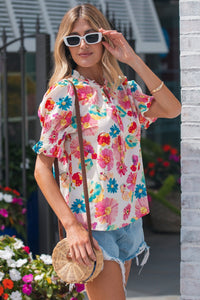Beige Vibrant Summer Floral Tie V Neck Short Puff Sleeve Blouse