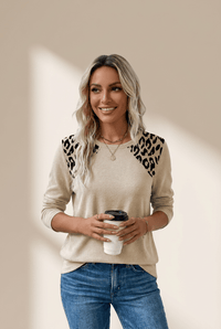 Women's Beige Leopard Contrast Raglan Sleeve Knit Blouse